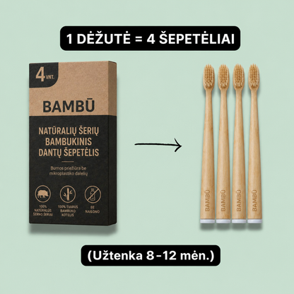 BAMBŪ Natūralių Šerių Bambukinis Dantų Šepetėlis (4 vnt.)